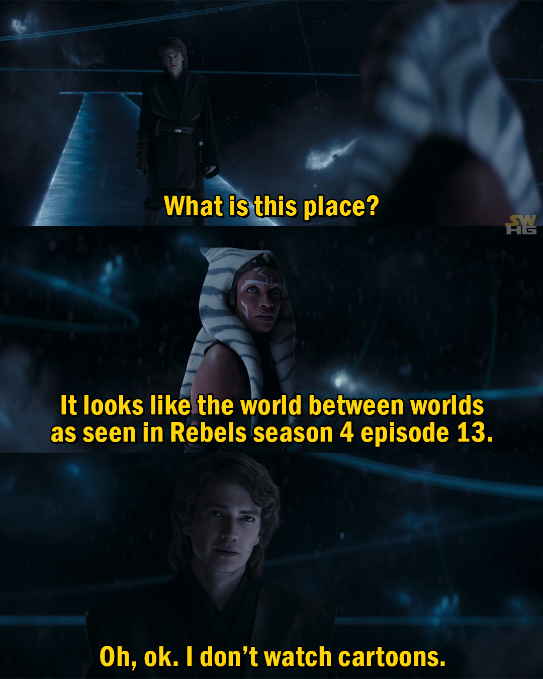 This meme is a screenshot from the TV show "Star Wars: The Clone Wars" where Ahsoka Tano says "This is the way" in a dramatic tone, similar to a famous line from "Star Wars: The Last Jedi". The meme is a joke about how Ahsoka's line is similar to a famous line from "Star Wars: The Last Jedi", with the text "It looks like we're in the middle of a Star Wars movie" and "In a galaxy far, far away...".